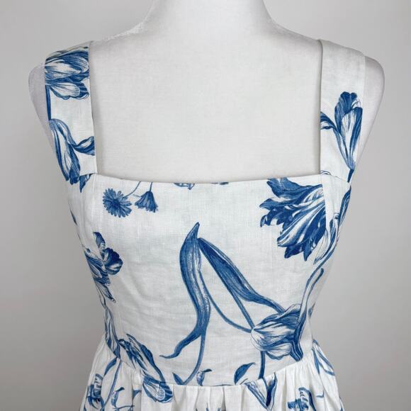 Reformation Frieda Linen Midi Dress Size 4 Blue White Floral Trad Wife Cottage - Picture 4 of 16